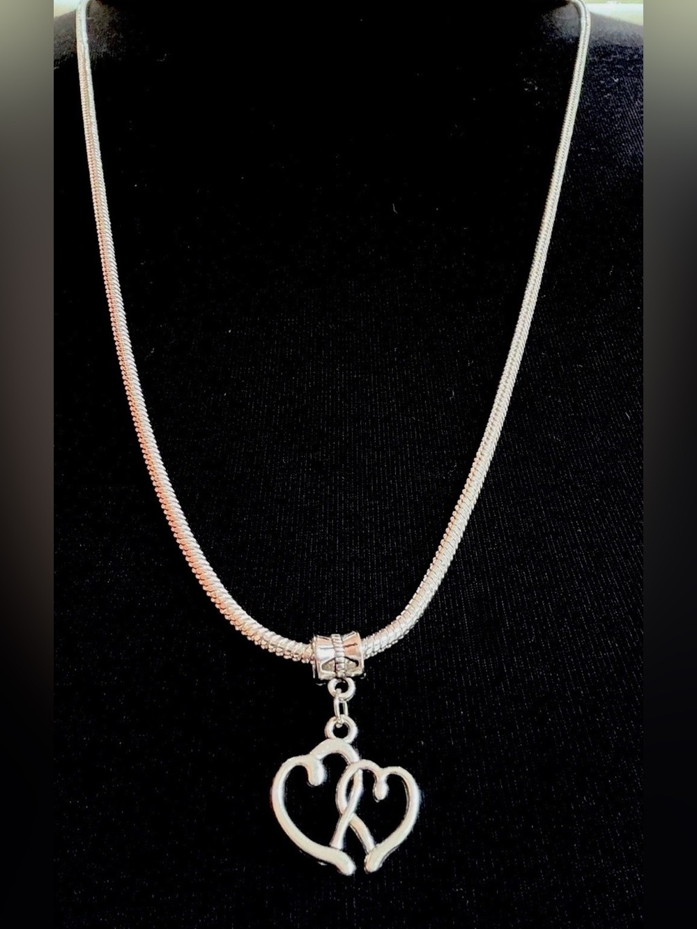 925 Sterling Silver snake chain necklace,double heart pendant.Unisex.23.5”/60 cm